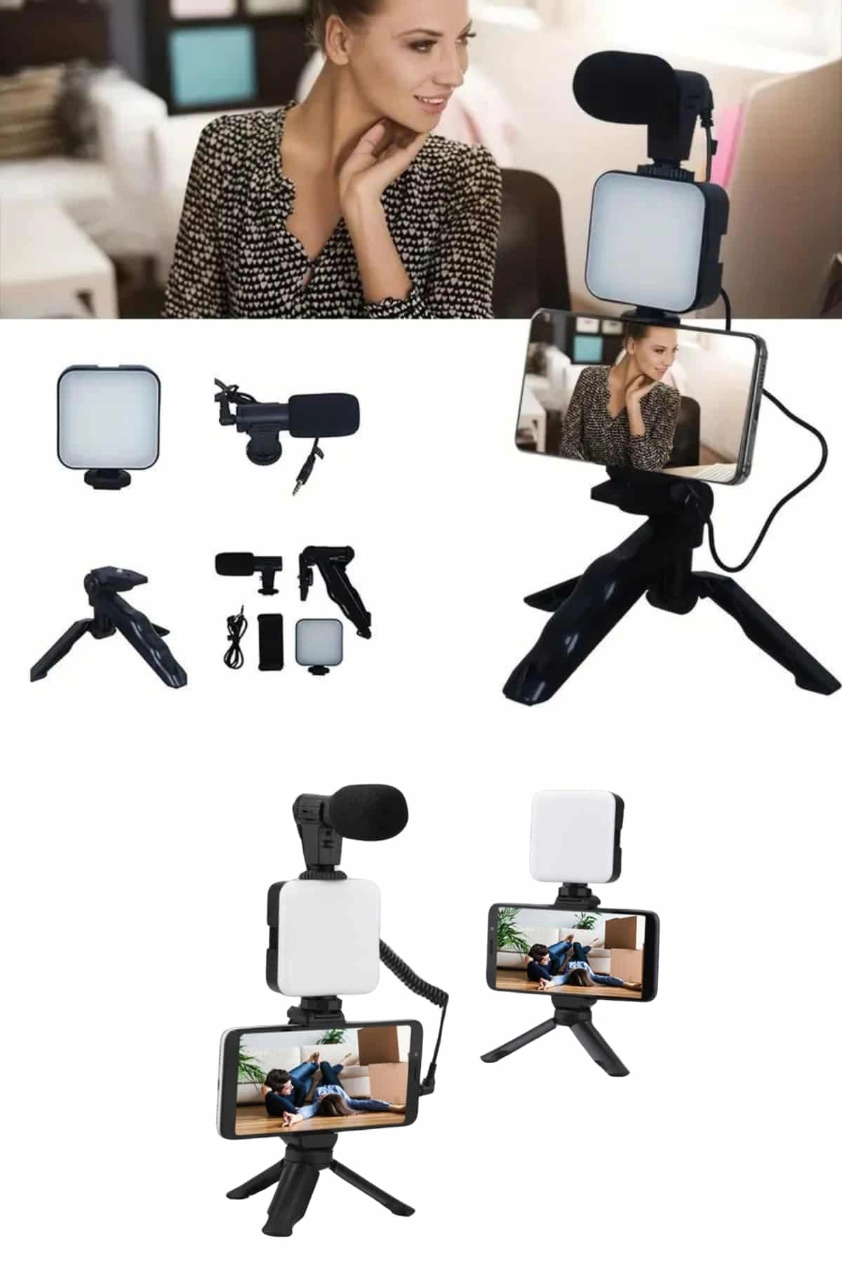 Telefon Tutucu Mikrofonlu Işıklı Youtuber Video Kayıt ( Lisinya )