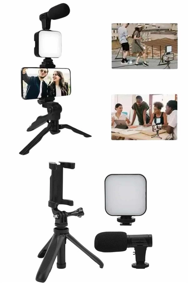 Telefon Tutucu Mini Mikrofonlu Tripod Vlog Çekim Video ( Lisinya )