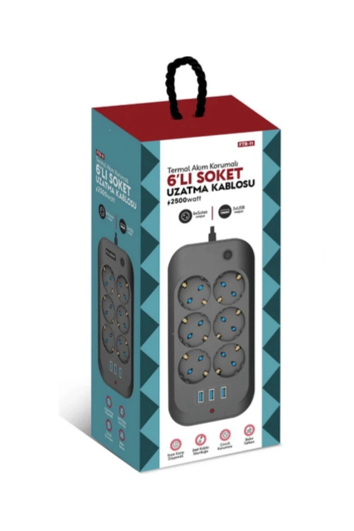 Termal Akım Korumalı, Çocuk Korumalı, 6’lı 2 Mt Uzatma Kablosu 6 X Priz, 3 X Usb ( Lisinya )