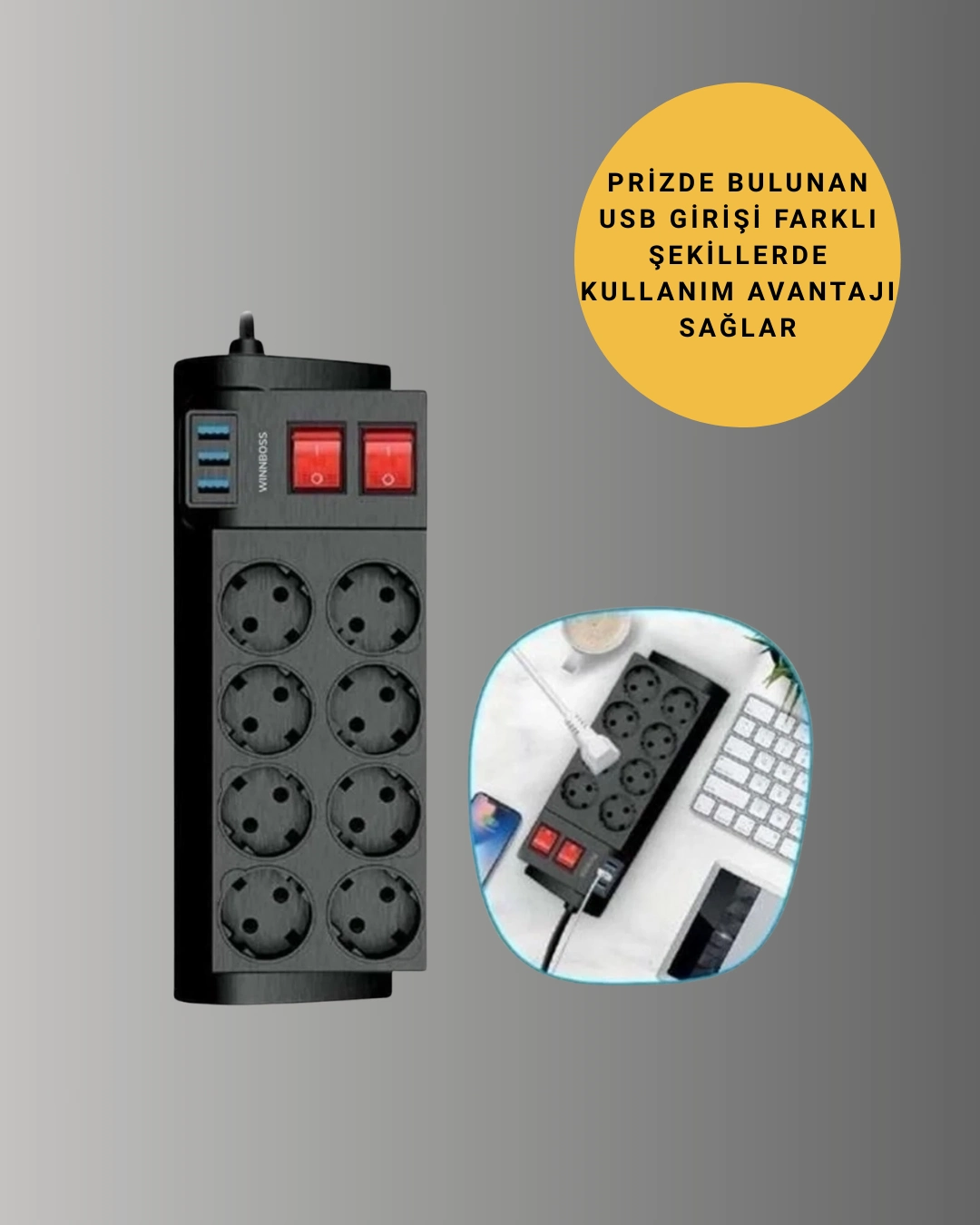 Termal Korumalı 8 Prizli 3 Usb’li Uzatma Kablosu ( Lisinya )