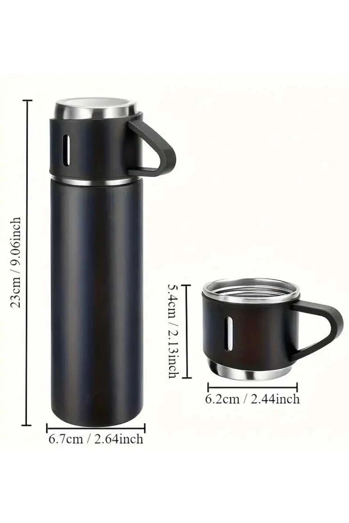 Termos Seti 3'lü Bardak Seti Isı Dayanıklı Siyah Paslanmaz Çelik Vakumlu ( Lisinya )