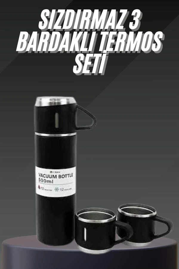 Termos Seti Paslanmaz Çelik 3 Bardaklı Vakumlu Termos Set 500 Ml 12 Saate Kadar Isı Koruma ( Lisinya )