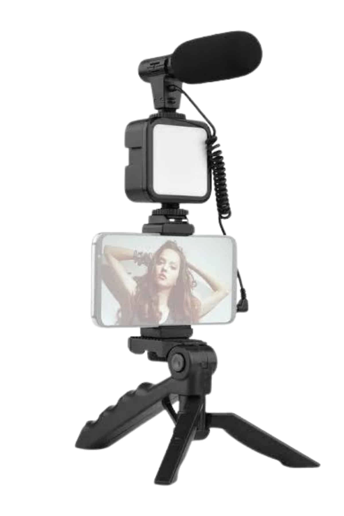 Tripod Telefon Tutucu Kumandalı Mikrofon Led Işık Vlog Video Kayıt ( Lisinya )