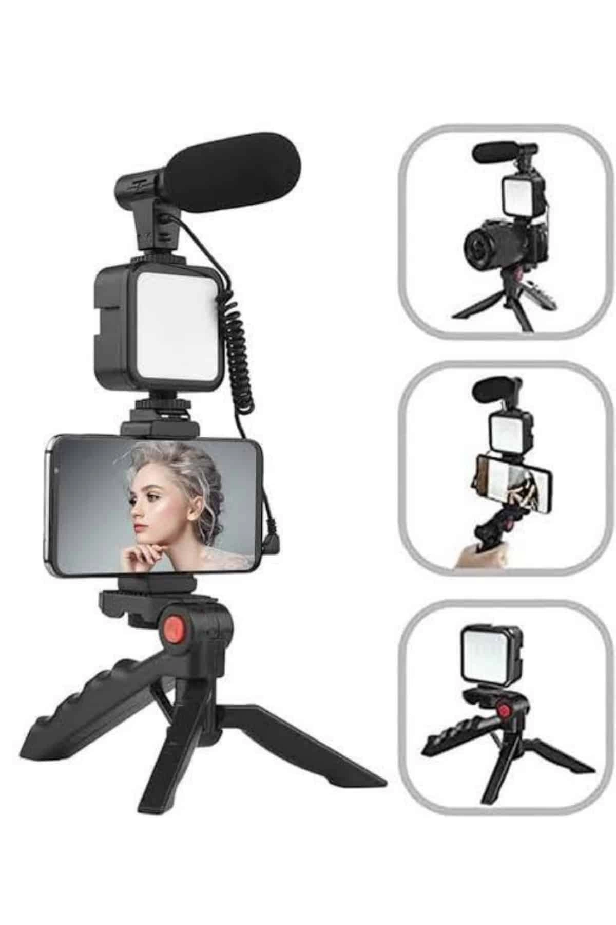 Tripod Telefon Tutucu Kumandalı Mikrofon Led Işık Vlog Video Kayıt ( Lisinya )