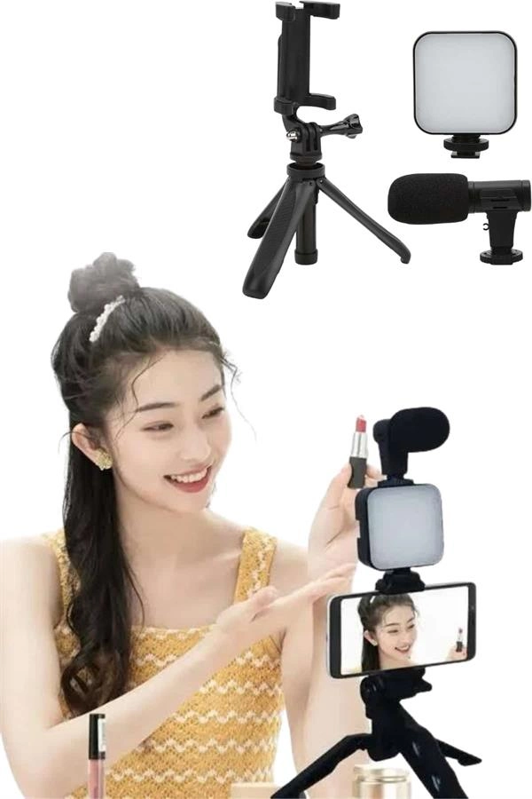 Tripod Telefon Tutucu Kumandalı Mikrofon Led Işık Vlog Video Kayıt ( Lisinya )