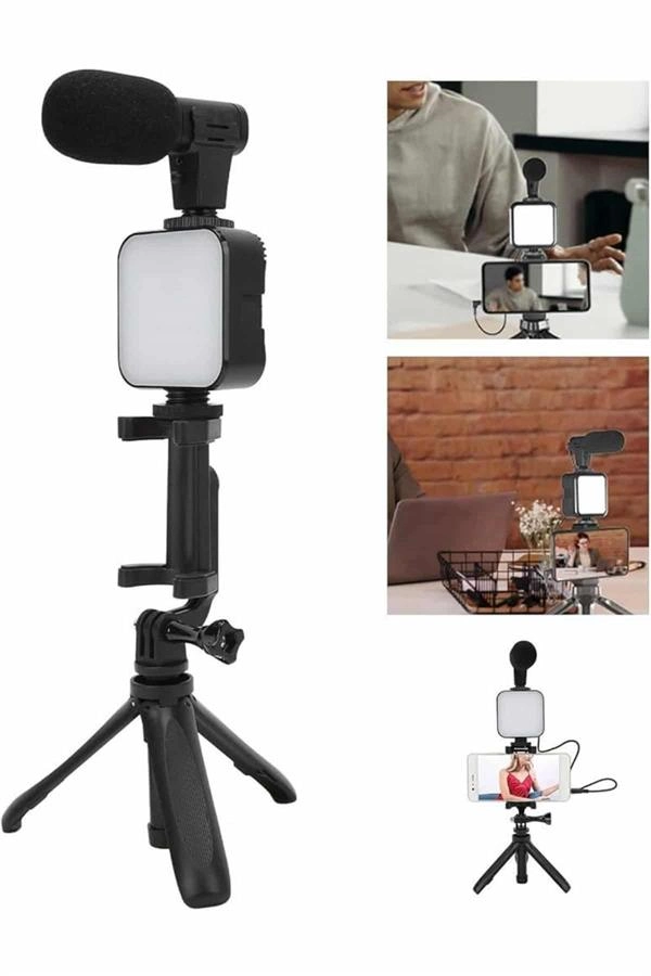 Tripod Telefon Tutucu Kumandalı Mikrofon Led Işık Vlog Video Kayıt ( Lisinya )
