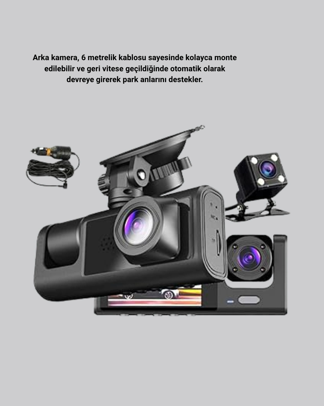 Üç Kameralı Araç İçi Kayıt Sistemi Full Hd Gece Görüşlü Ve G-sensör Destekli ( Lisinya )