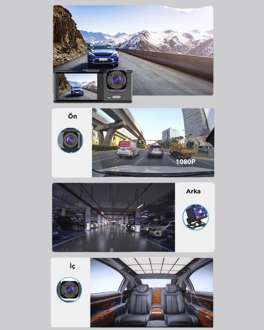 Üç Kameralı Araç Kamerası Full Hd Gece Görüş  G-sensör ( Lisinya )