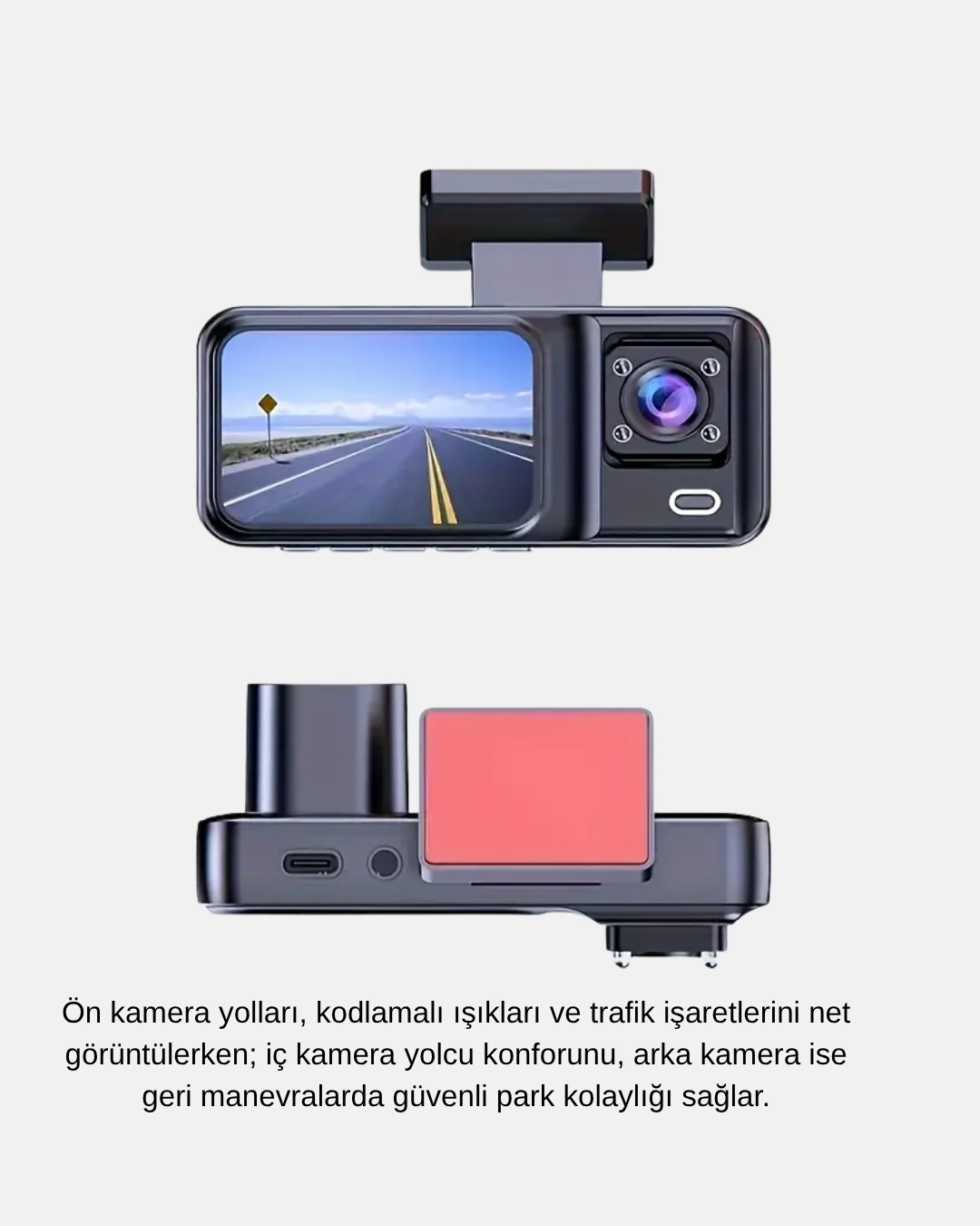 Üç Kameralı Dash Cam 170° Geniş Açılı Full Hd Gece Görüşlü ( Lisinya )