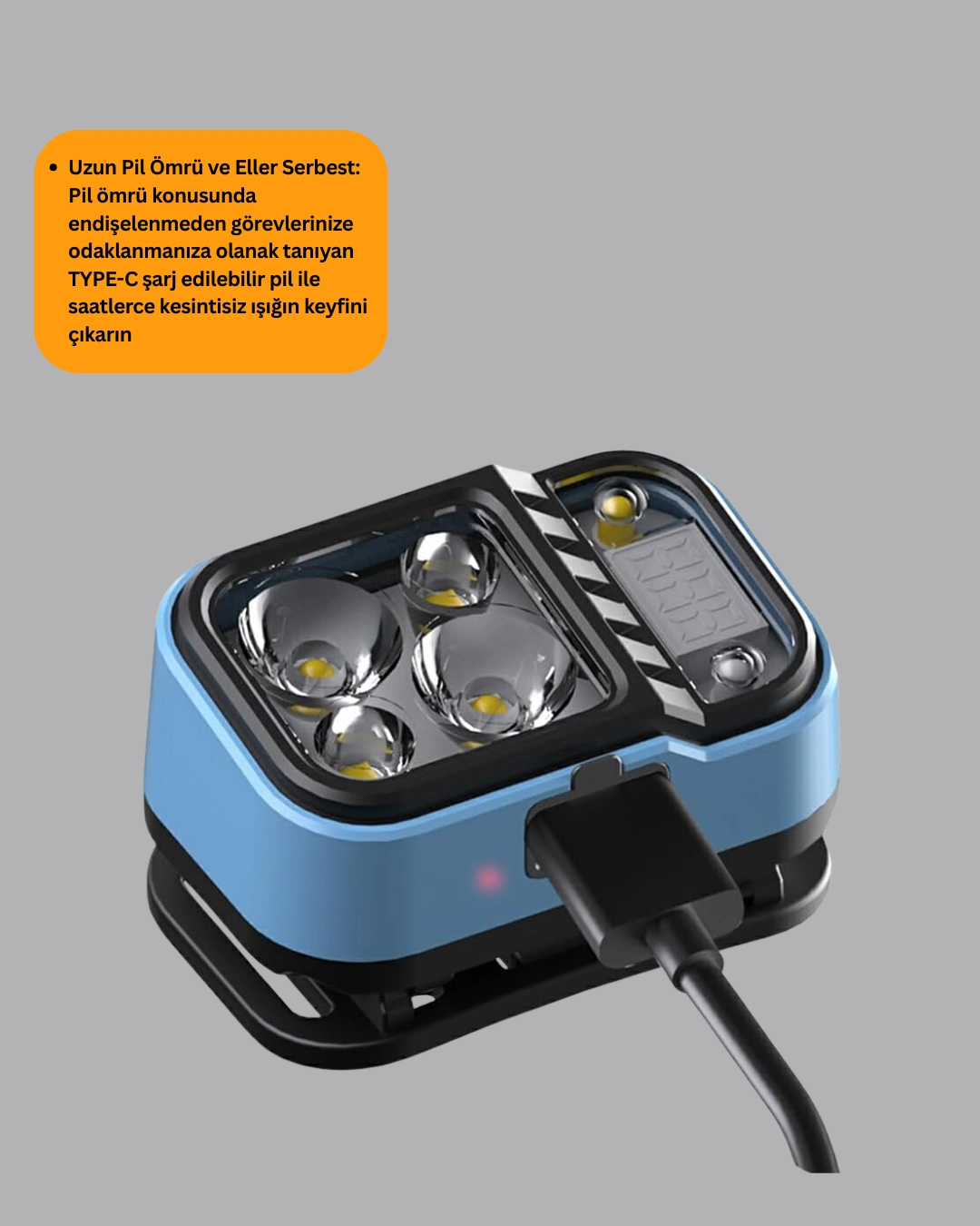 Üç Renkli Led Kafa Feneri 53 Mod Güç Göstergeli Type C Şarjlı ( Lisinya )