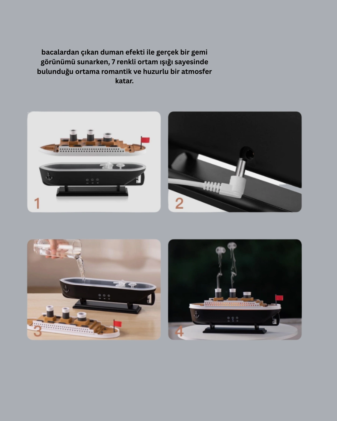 Ultra Sessiz Titanik Gemi Led Işıklı Aroma Difüzörü Oda Nemlendirici ( Lisinya )