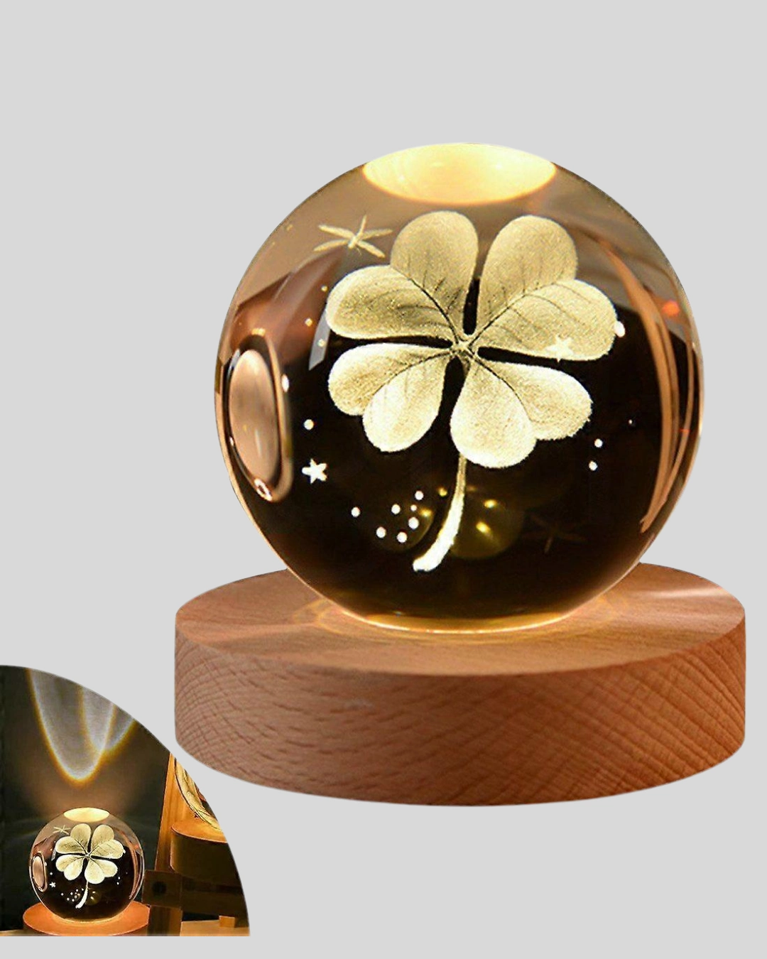 Usb Bağlantılı Yonca Bitkili Cam Küre Ahşap Altlıklı Dekoratif Lamba ( Lisinya )