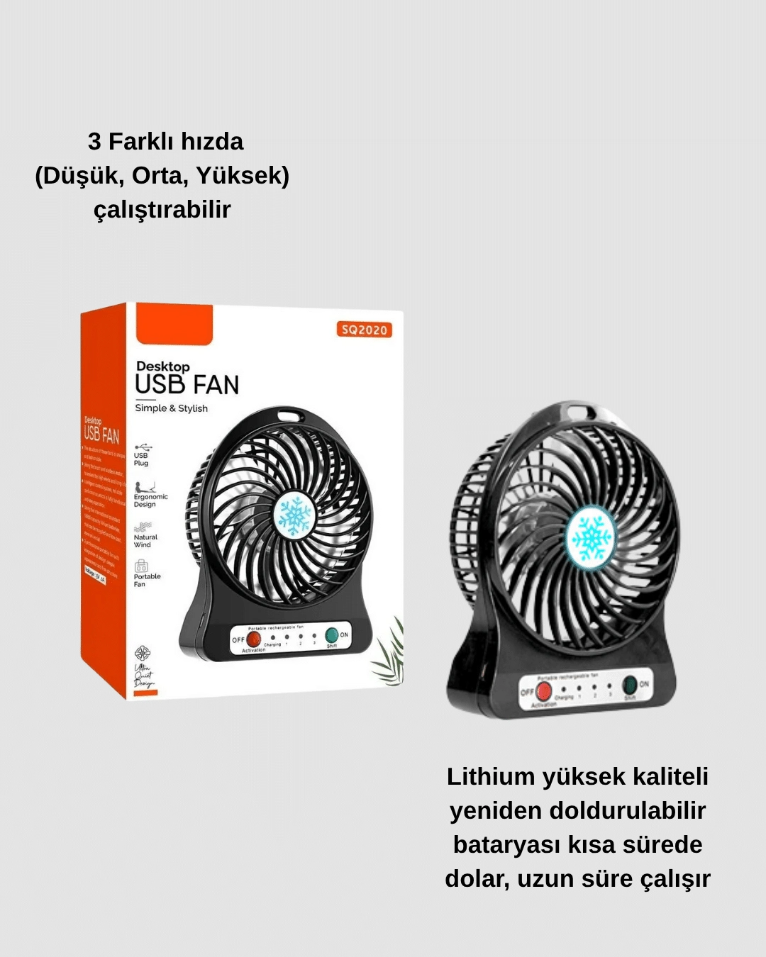Usb Girişli Taşınabilir Masaüstü Mini Fan – 3 Kademeli Hız, Şarjlı, Işıklı, Sessiz Çalışma ( Lisinya )