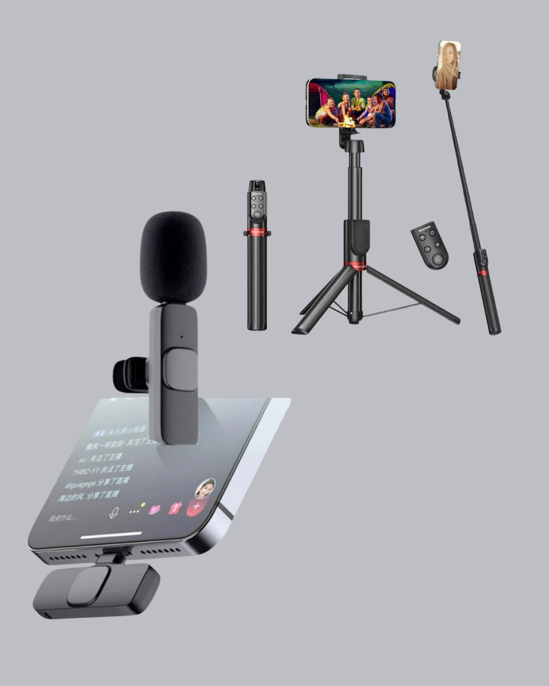 Vlog Ve Canlı Yayın İçin Çift Yaka Mikrofonu Ve Tripodlu Selfie Çubuğu Seti ( Lisinya ) Vlog Ve Canlı Yayın İçin Çift Yaka Mikrofonu Ve Tripodlu Selfie Çubuğu Seti ( Lisinya )