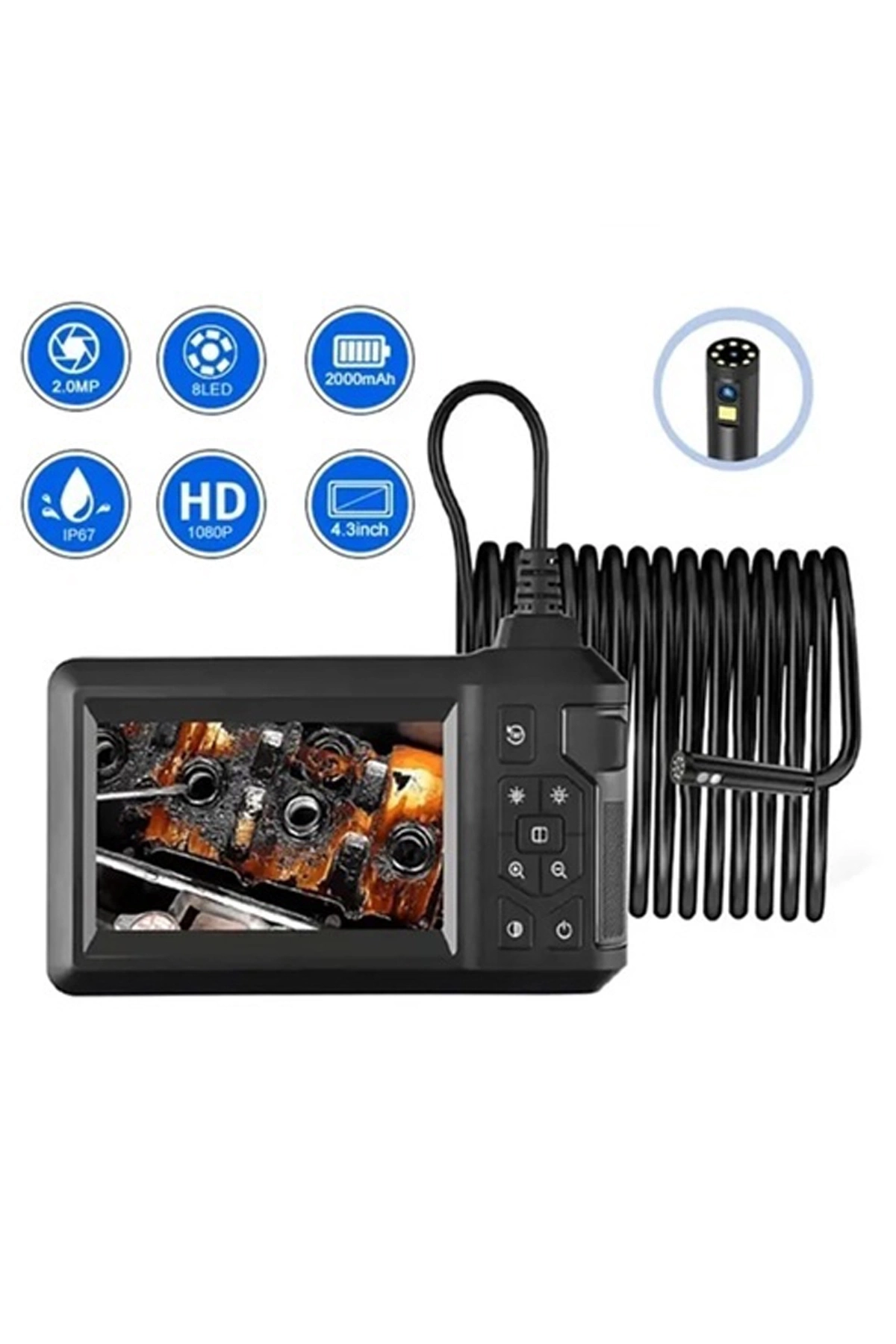 Vtn-008 Ekranlı Çift Kameralı 10 Mt Sert Kablo Yılan Endoskop Kamera 8 Mm 4.3 Inc ( Lisinya )