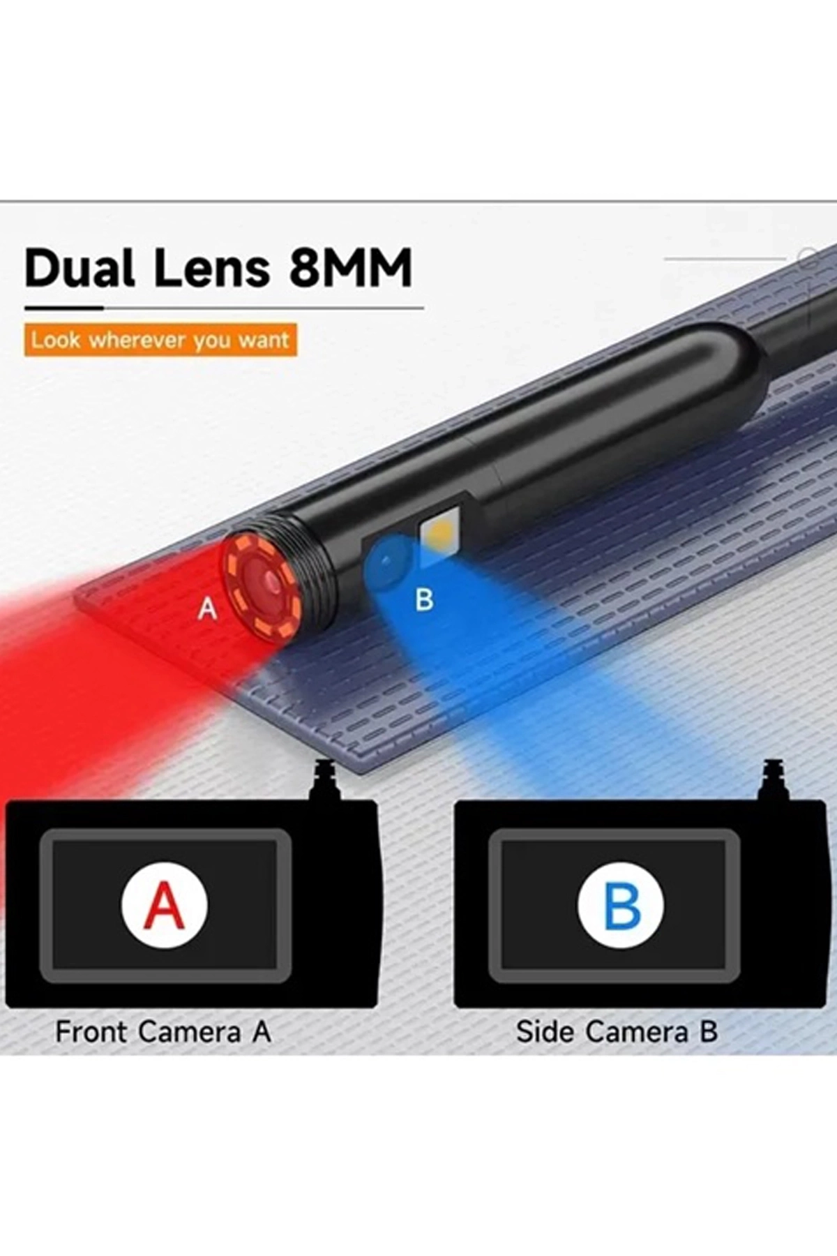 Vtn-008 Ekranlı Çift Kameralı 10 Mt Sert Kablo Yılan Endoskop Kamera 8 Mm 4.3 Inc ( Lisinya )