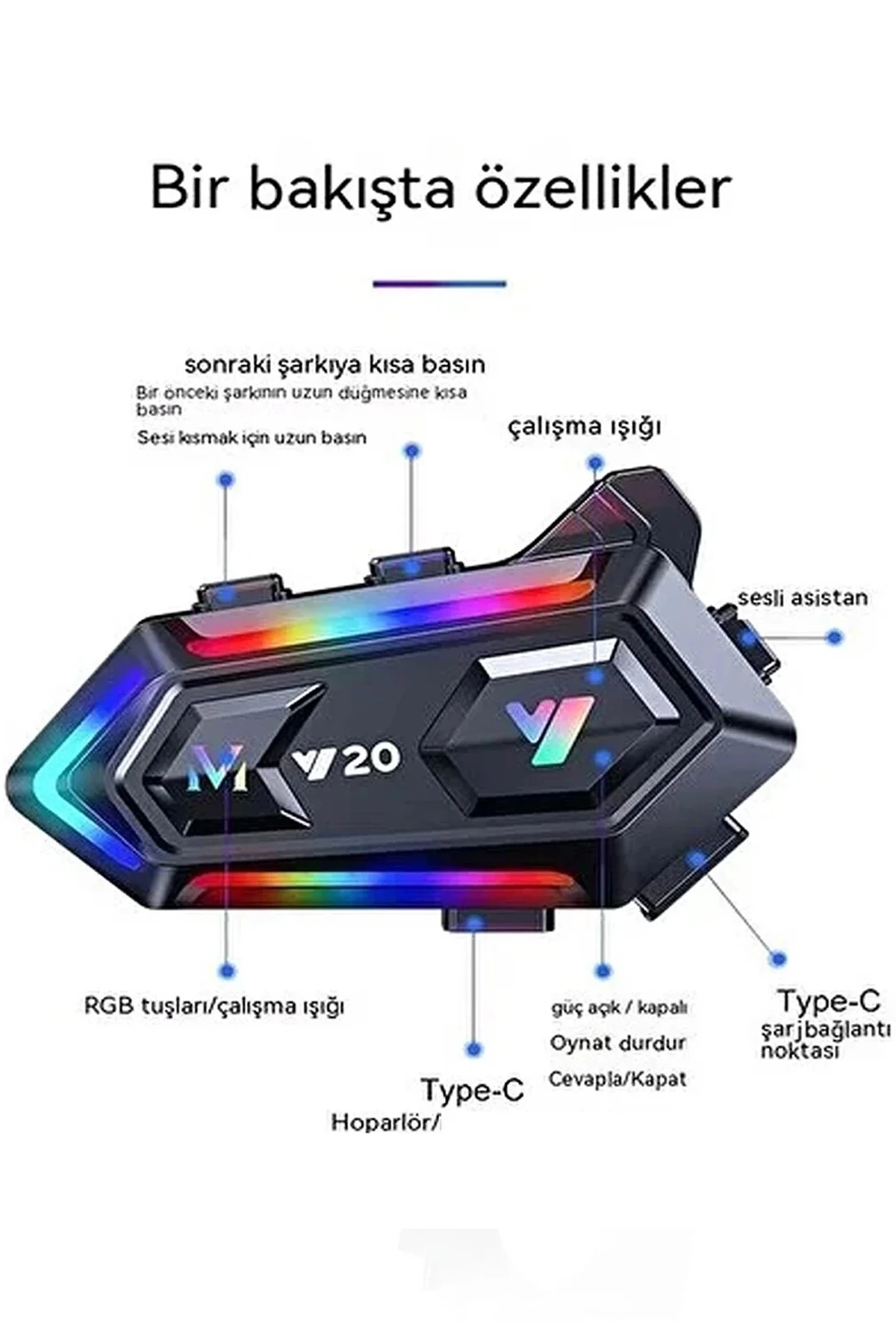 Y20 Motor Kurye Kask Kulaklık Rgb Modlu Bluetooth Motosiklet Kulaklık 5.3 Bluetooth Interkom ( Lisinya )