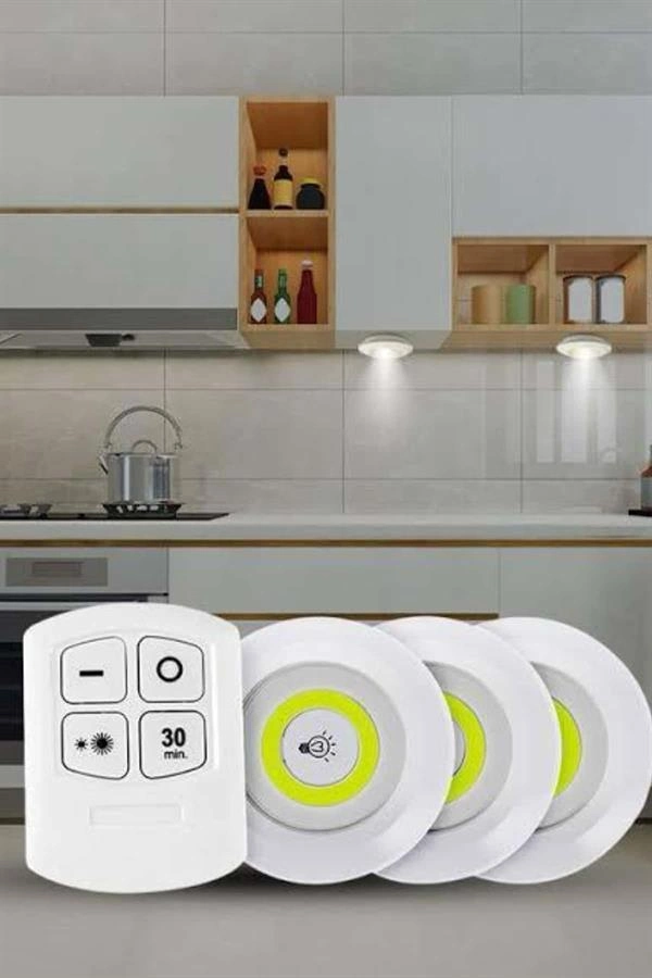 Yapışkanlı 3'lü Spot Led Işık Lamba Montajsız Pilli Uzaktan Kumandalı ( Lisinya )