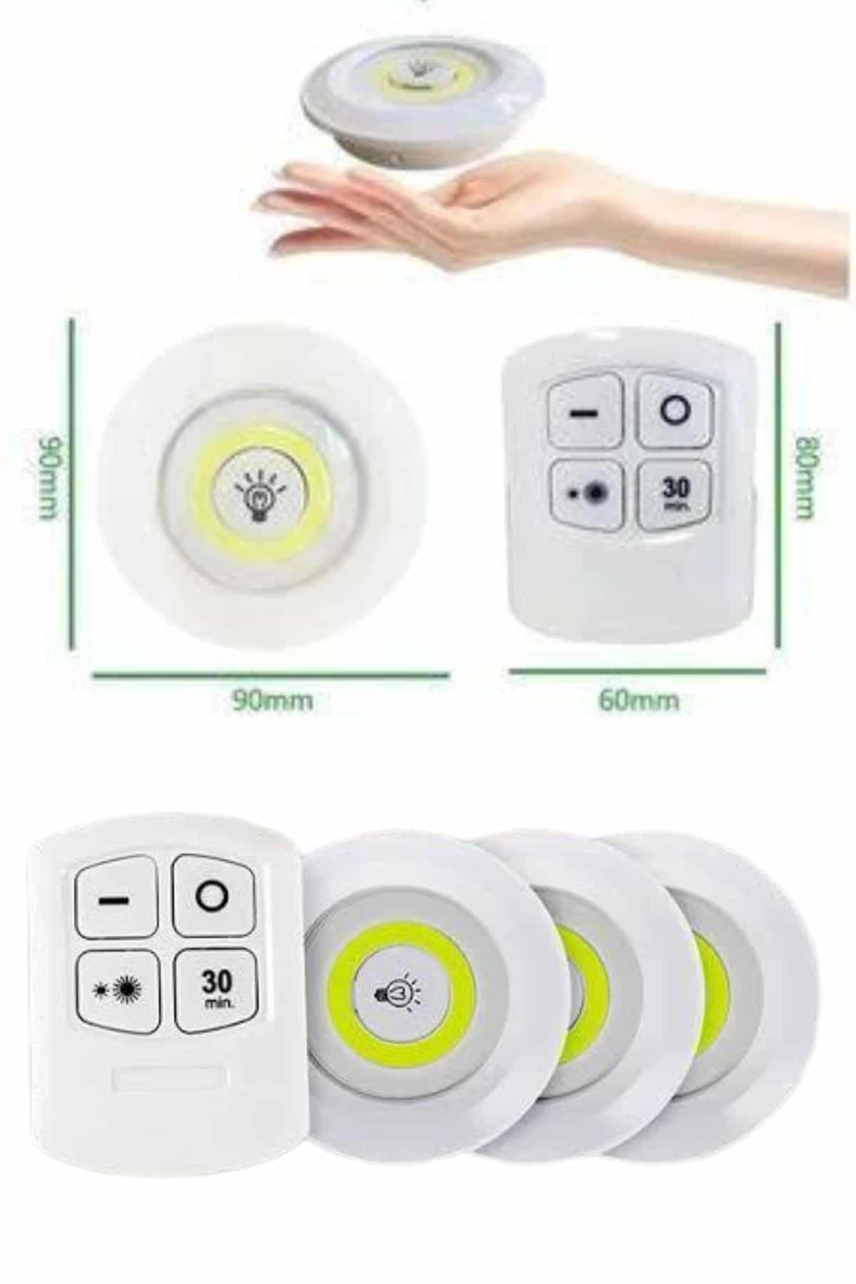 Yapışkanlı 3'lü Spot Led Işık Lamba Montajsız Pilli Uzaktan Kumandalı ( Lisinya )