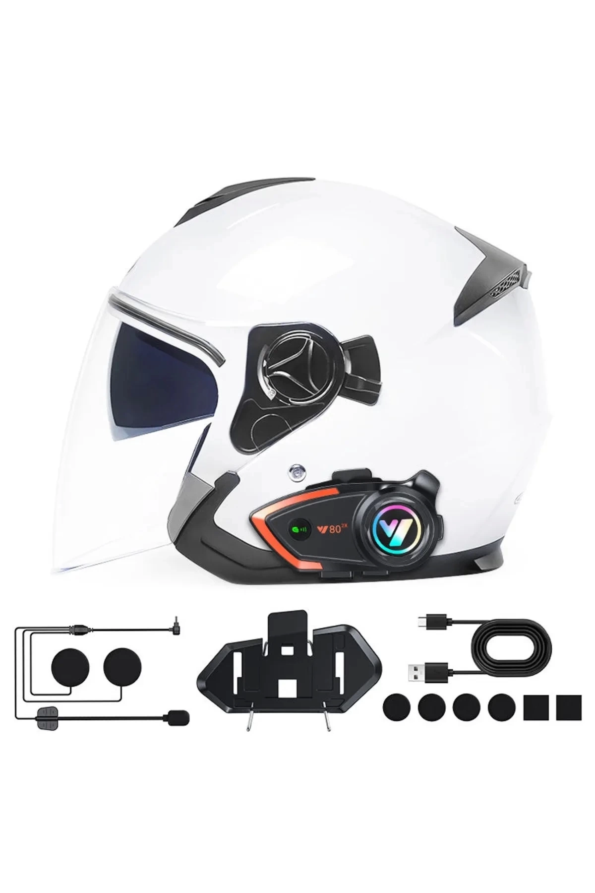 Yeni Model Y80-2x Motosiklet İntercom 2 Kişilik Bağlantı Rgb Işıklı Bluetooth Kulaklık Seti ( Lisinya )