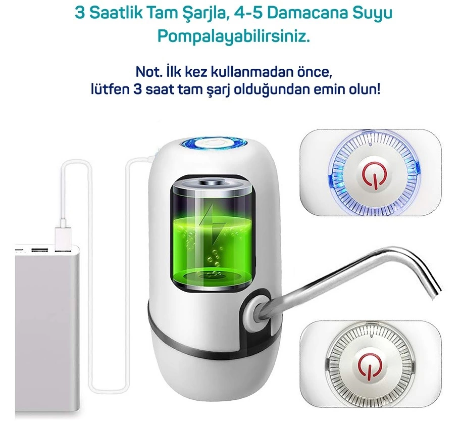 Yeni Nesil Dokunmatik Damacana Su Pompası Şarjlı 1200 Mah ( Lisinya )