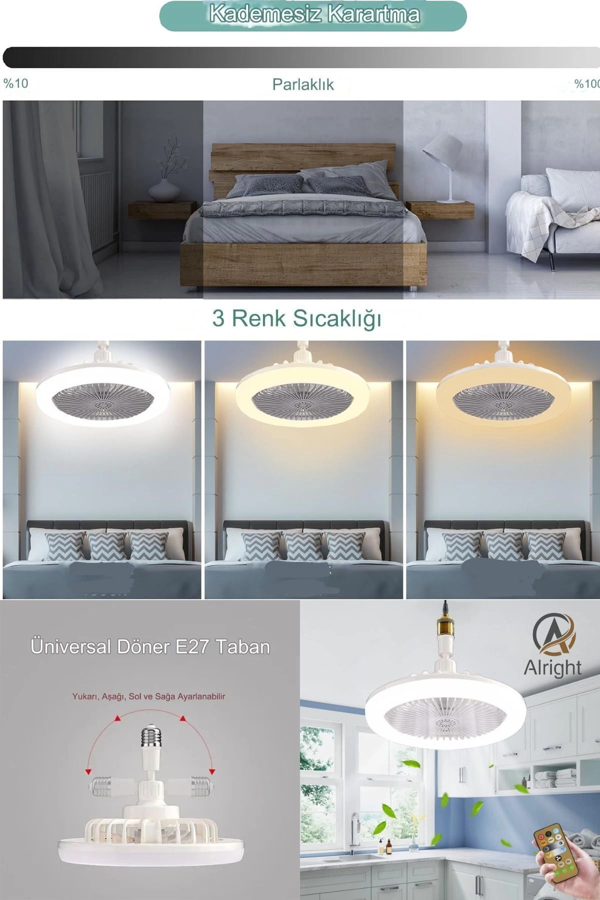 Yeni Nesil E27 Duylu Kumandalı Tavan Vantilatörlü Led Lamba 3 Hız Ayarı Ve 3 Renk Ayarı ( Lisinya )