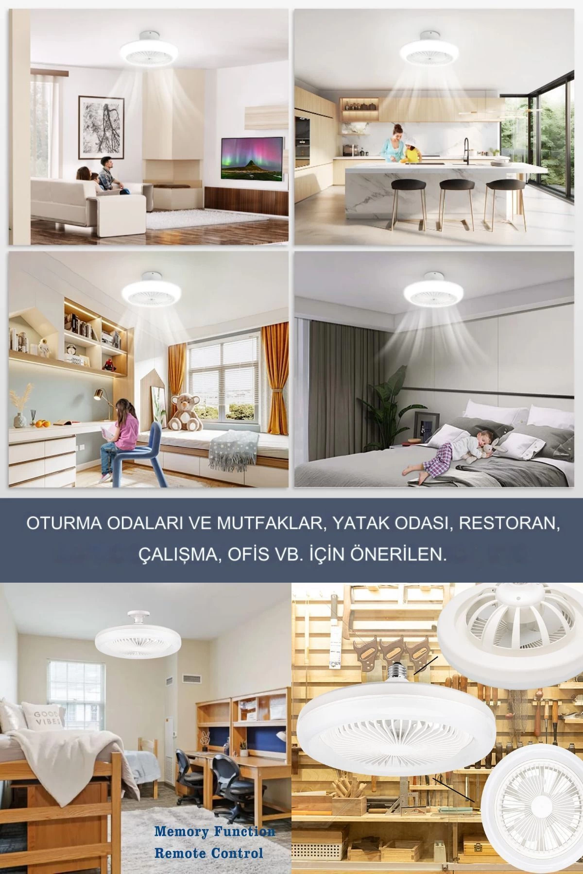 Yeni Nesil E27 Duylu Kumandalı Tavan Vantilatörlü Led Lamba 3 Hız Ayarı Ve 3 Renk Ayarı ( Lisinya )