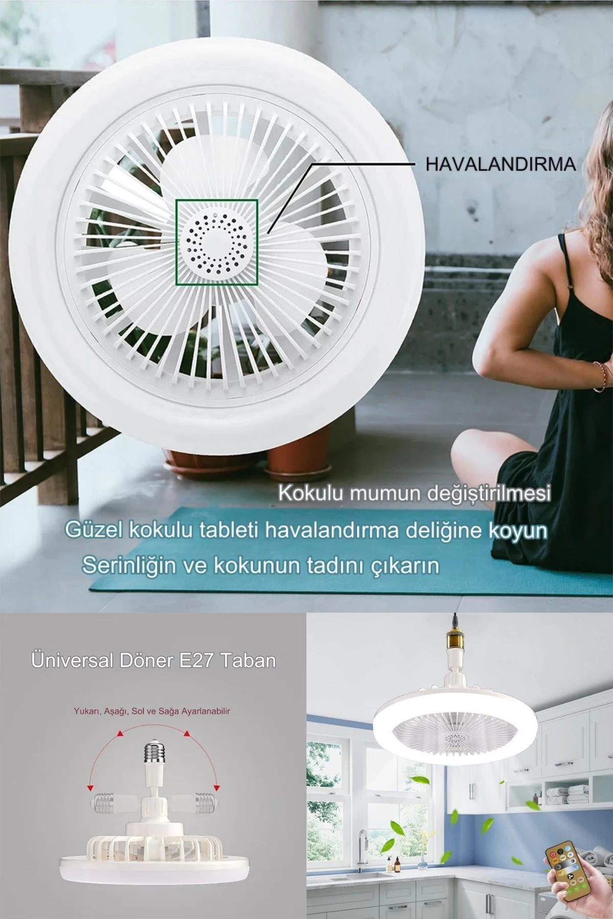 Yeni Nesil E27 Duylu Kumandalı Tavan Vantilatörlü Led Lamba 3 Hız Ayarı Ve 3 Renk Ayarı ( Lisinya )