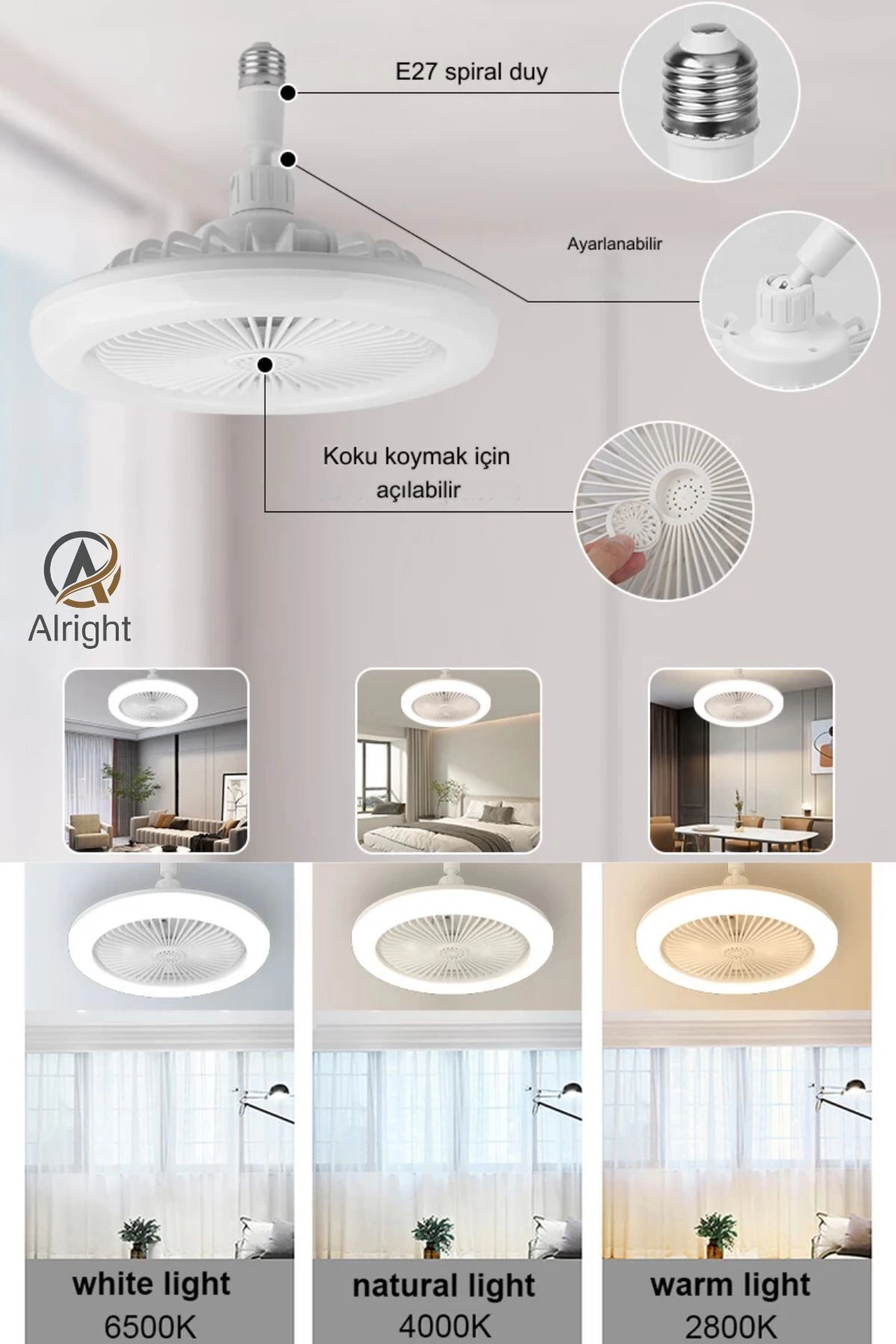 Yeni Nesil E27 Duylu Kumandalı Tavan Vantilatörlü Led Lamba 3 Hız Ayarı Ve 3 Renk Ayarı ( Lisinya )