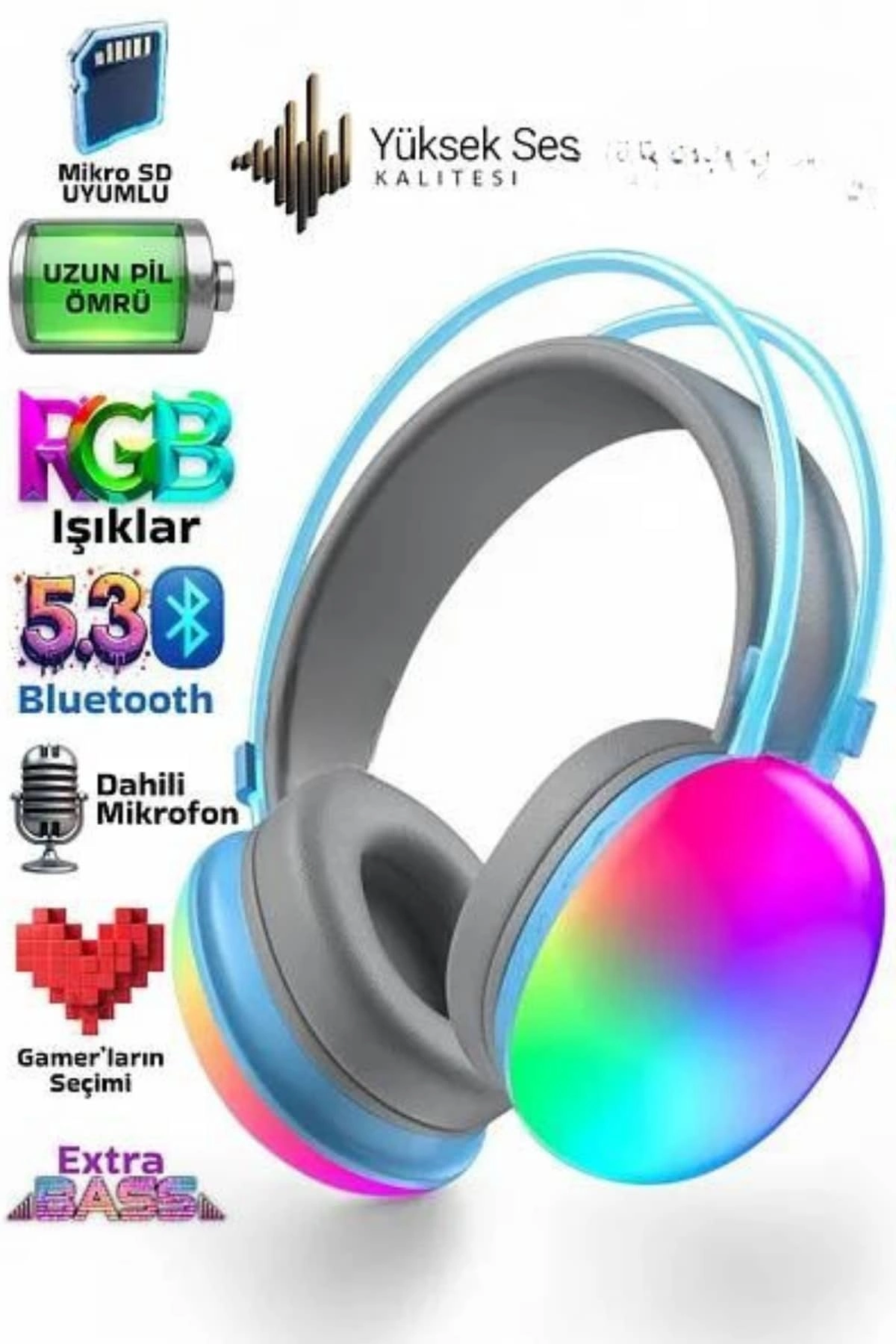 Yeni Nesil Kulak Üstü Kablosuz Uzun Ömürlü Rgb Işıklı Bluetooth Kulaklık ( Lisinya )