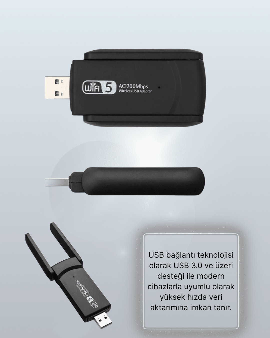 Yüksek Hızlı 1200 Mbps Çift Bant Usb Kablosuz Adaptör – Güçlü Sinyal, Geniş Uyumluluk ( Lisinya )