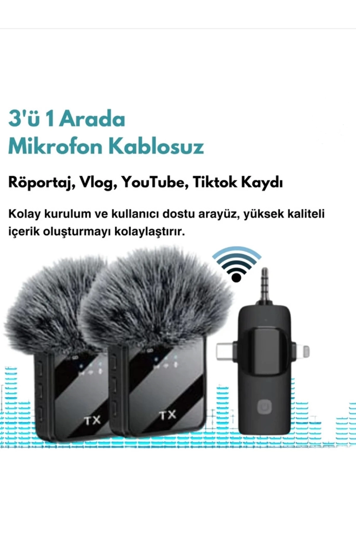 Yüksek Kalite Profesyonel 3 In 1 Kablosuz Taşınabilir Yaka Mikrofonu Tüylü ( Lisinya )