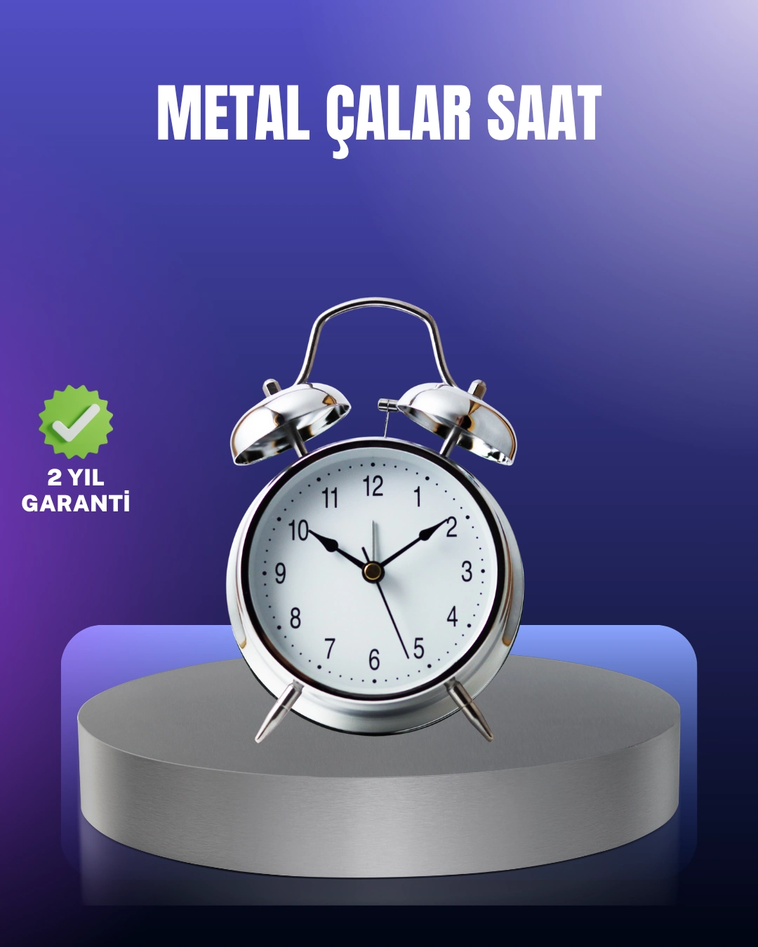 Yuvarlak Gümüş Dekoratif Işıklı Masa Üstü Saat Alarmlı Sessiz Çalışma ( Lisinya )