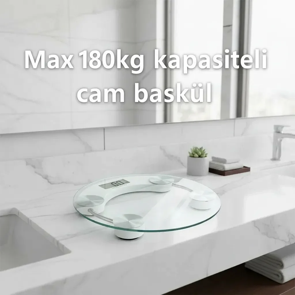 Yuvarlak Şeffaf Dijital Cam Baskül Tartı – 180 Kg Taşıma Kapasitesi, Hassas Ölçüm, Şık Tasarım Terazi ( Lisinya )