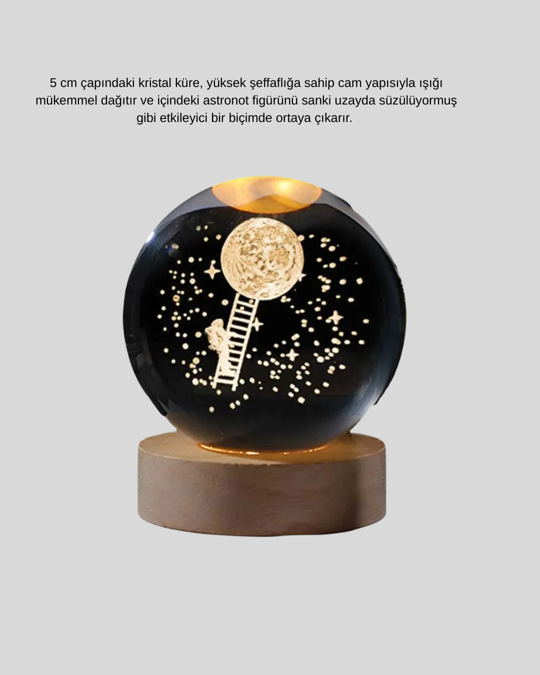 3D Astronot Kristal Küre Gece Lambası USB Ahşap Standlı Dekoratif Işık - Lisinya
