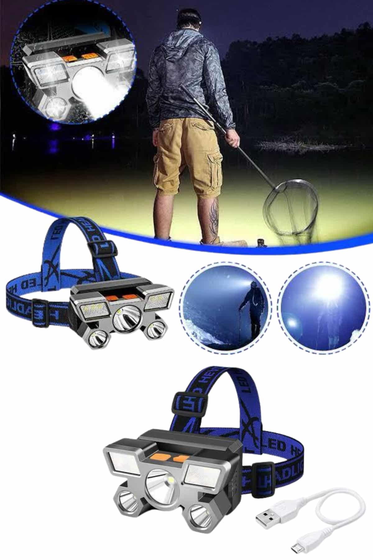 5 LED Far Şarj Edilebilir Güçlü Kafa Lambası Kamp Lambası 4 Modlu (Kopya) - Lisinya