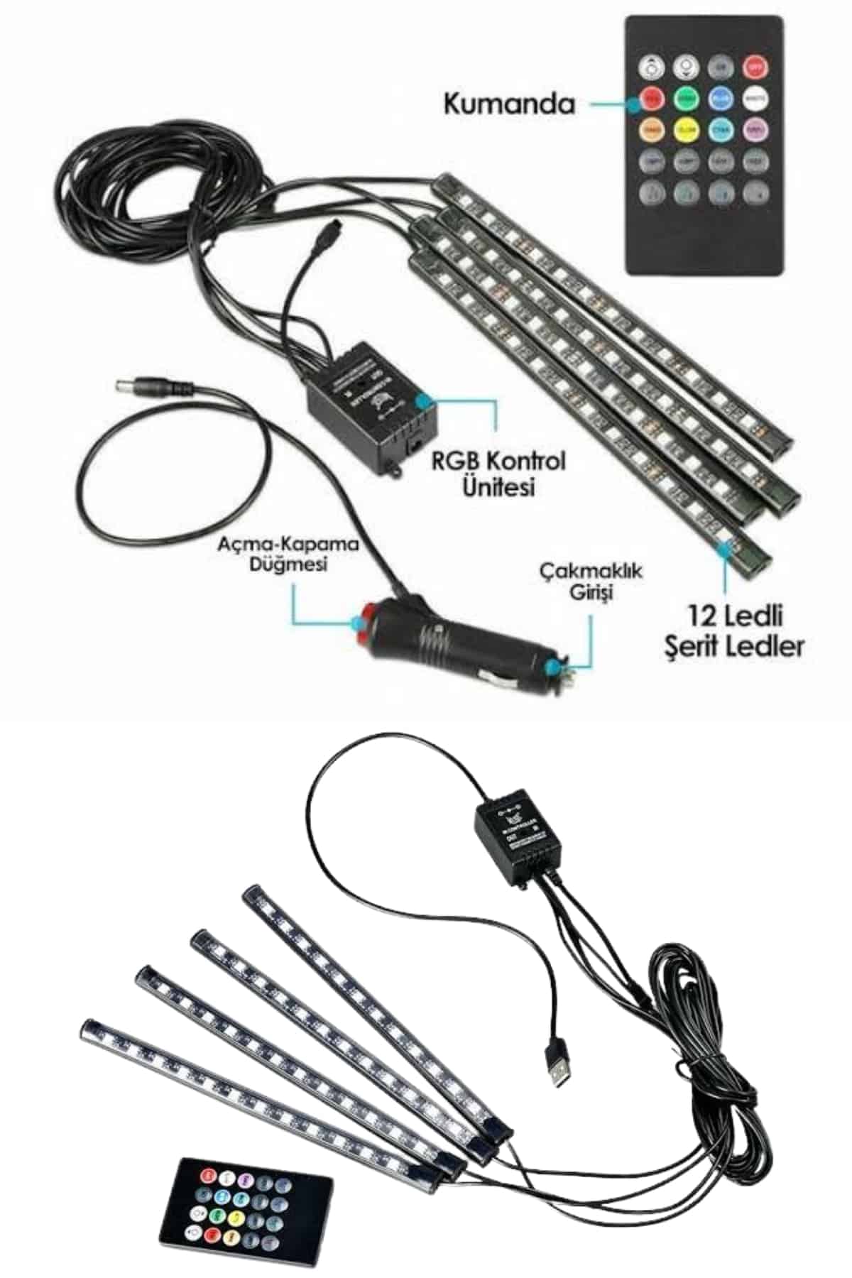 Araç İçi Ayak Altı Led 12 Led Işık Sese Müziğe Duyarlı RGB Işıklı Aydınlatma Seti - Lisinya