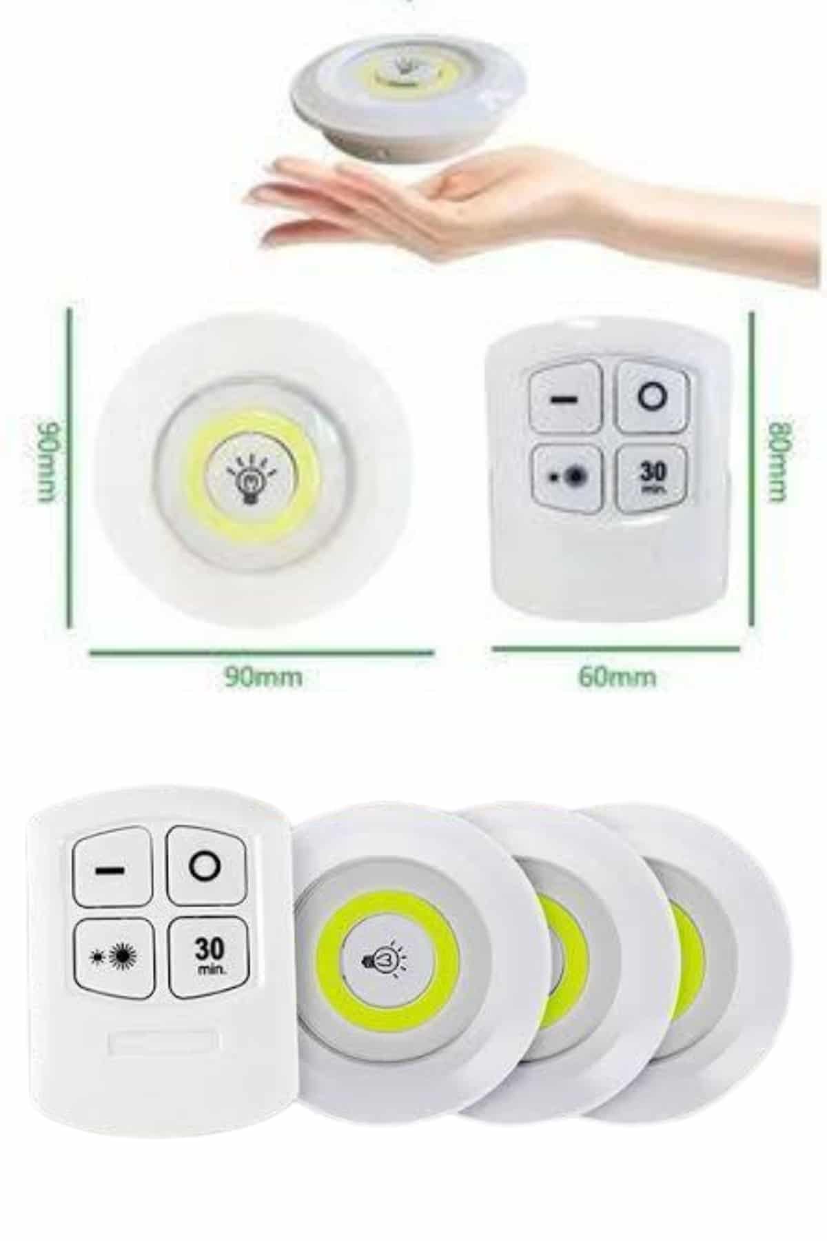 Yapışkanlı 3'lü Spot Led Işık Lamba Montajsız Pilli Uzaktan Kumandalı - Lisinya