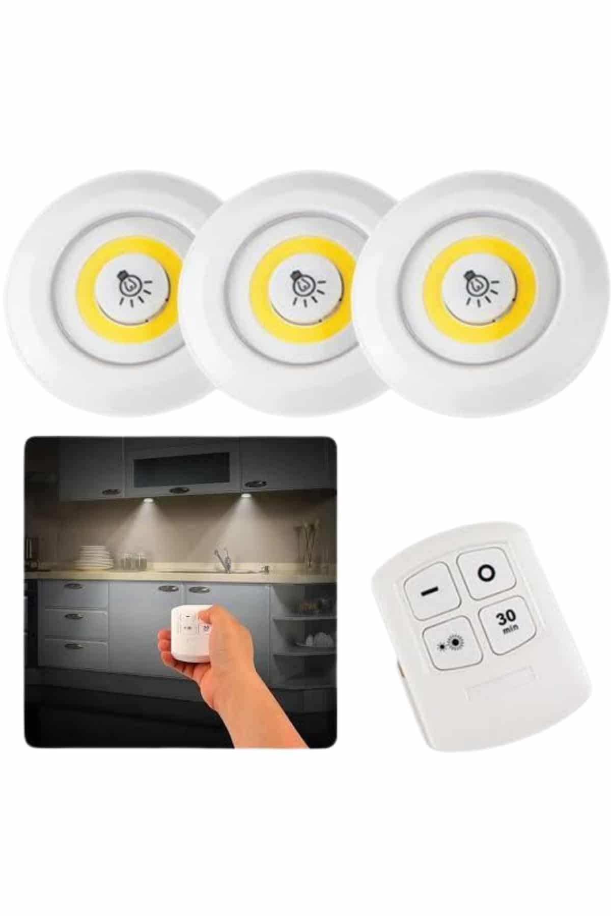 Dolap Işığı Mutfak Rafı Işığı Uzaktan Kumandalı 3 Lü Spot Led Lamba - Lisinya