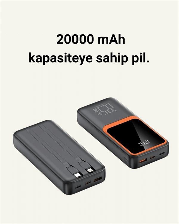 20.000 mAh Powerbank – 22.5W Hızlı Şarj, Çok Kablolu, Dijital Göstergeli - Lisinya