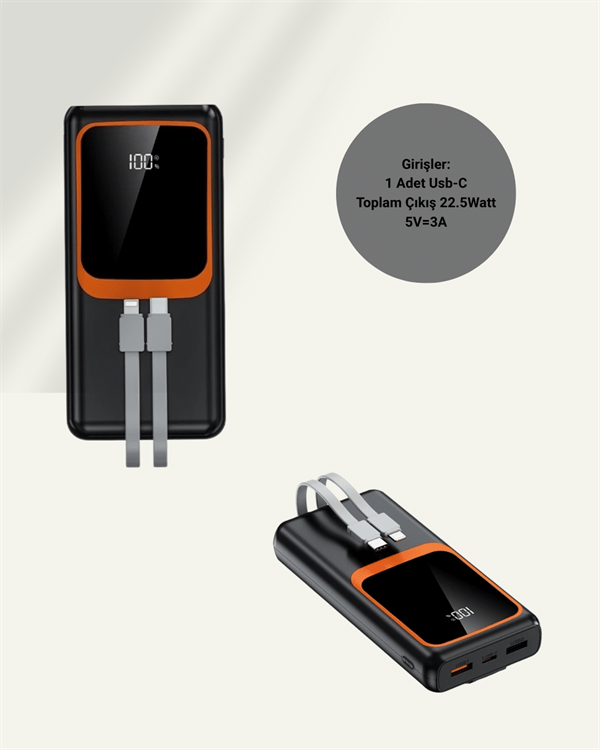 20000 mAh Powerbank | Çok Kablolu, Dijital Göstergeli, Yüksek Hızlı Şarj Cihazı - Lisinya