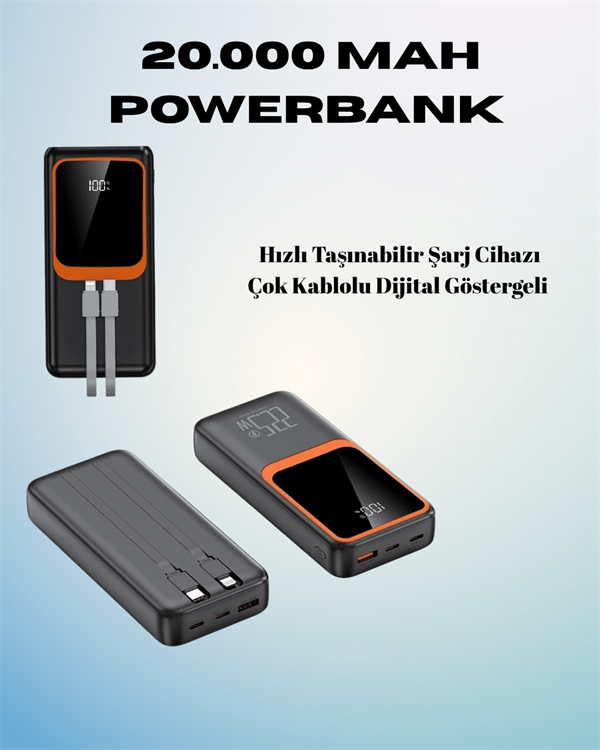 20000 mAh Powerbank | Çok Kablolu, Dijital Göstergeli, Yüksek Hızlı Şarj Cihazı - Lisinya
