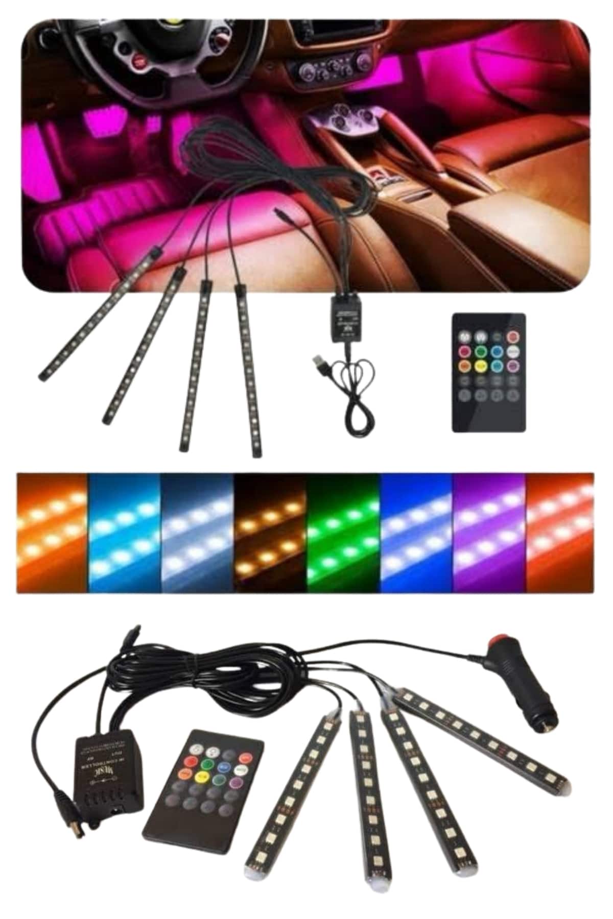 12 Ledli RGB Işıklı Araç Içi Ayak Altı Led Oto Ampul Kumandalı 7 Renk - Lisinya