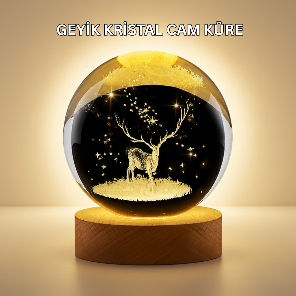 3D Lazer İşlemeli Geyik Kristal Küre Sıcak Işıklı Gece Aydınlatması - Lisinya