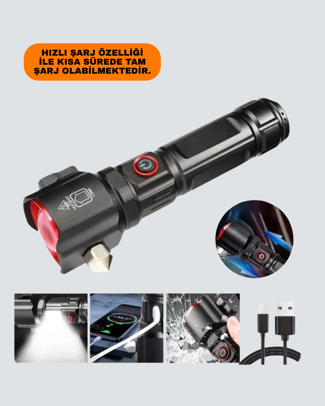 Acil Durum El Feneri Çekiç ve Pusula Özellikli Güçlü Işık - Lisinya