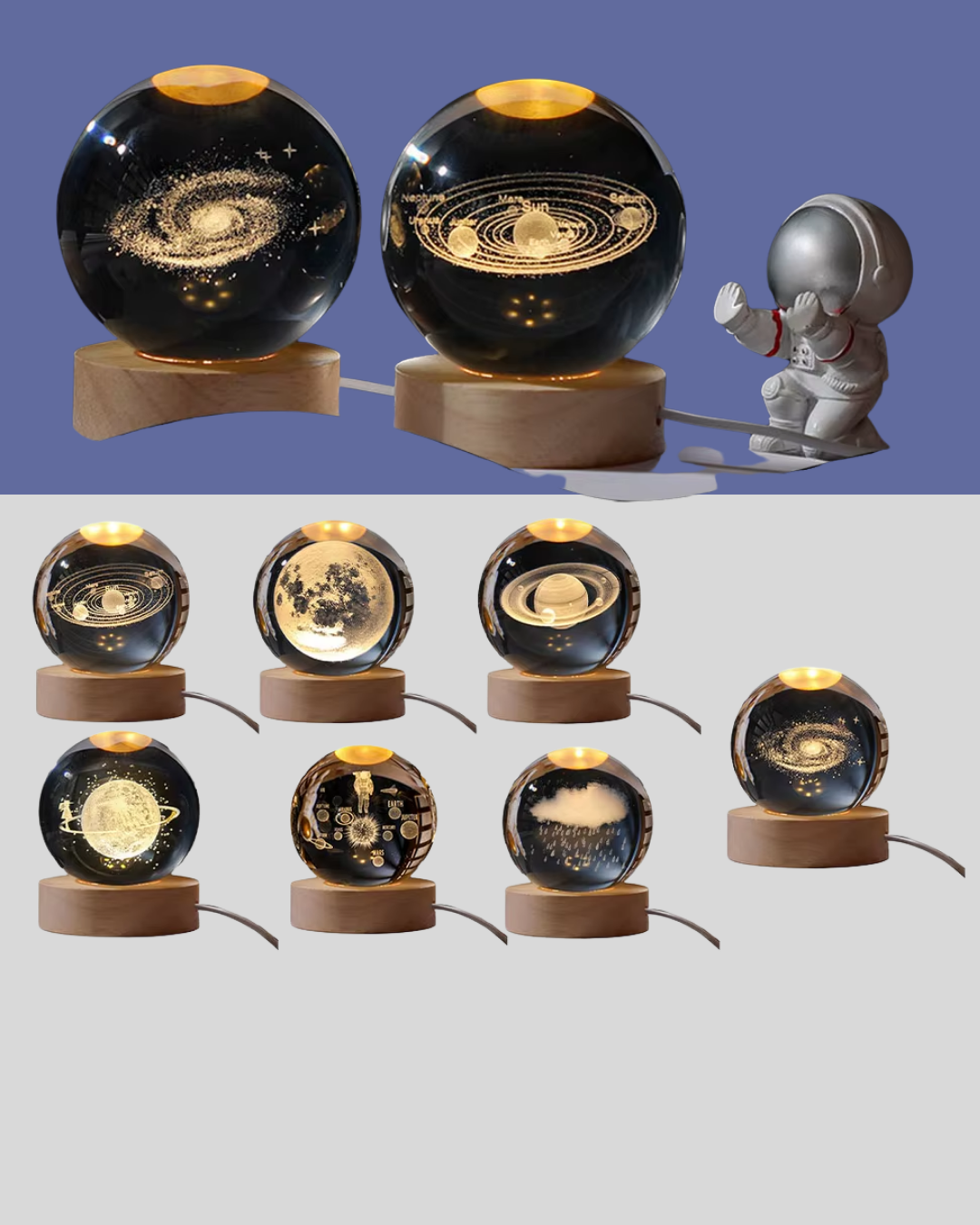3D Astronot Kristal Küre Gece Lambası USB Ahşap Standlı Dekoratif Işık - Lisinya