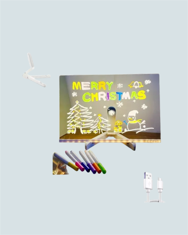 LED Işıklı Şeffaf Yazı Tahtası – Neon Etkili Akrilik Pano, Silinebilir, 7 Renkli Kalemli, 30x20 cm - Lisinya