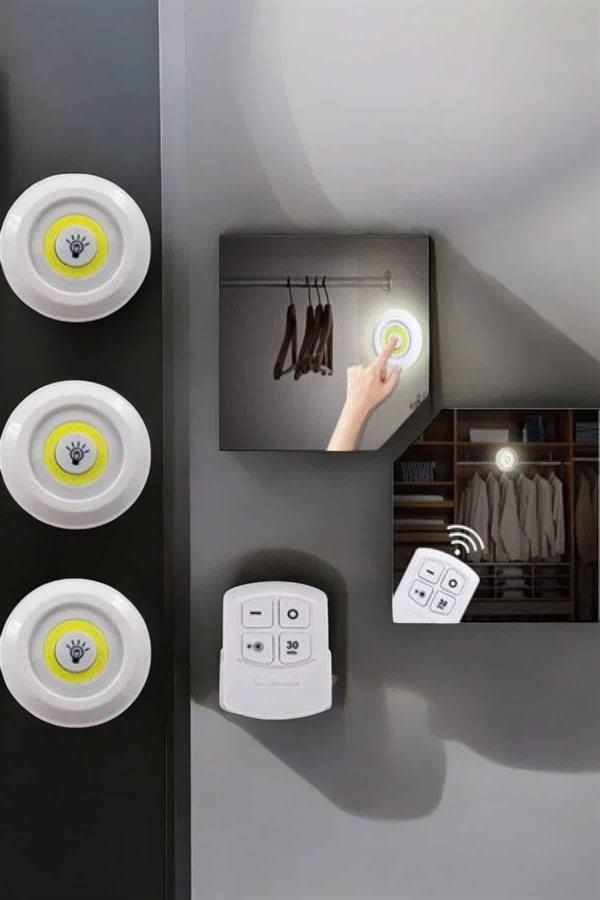 Spot Lamba Led Işık 3'lü Uzaktan Kumandalı Pilli Yapışkanlı Kablosuz - Lisinya