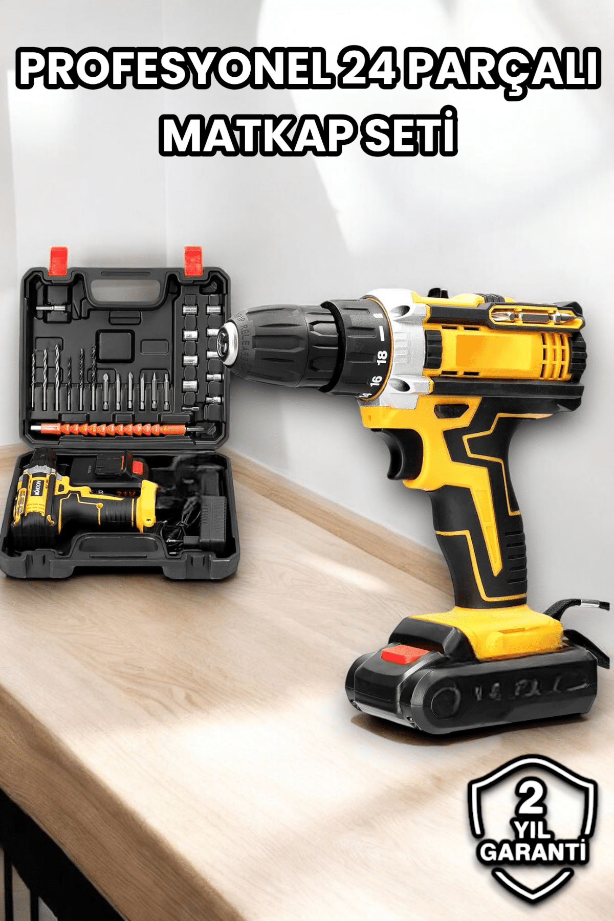 Metal Dişli 24W Akülü Matkap -Çift Bataryalı ve LED Çalışma Işığı ile Tam Set - Lisinya