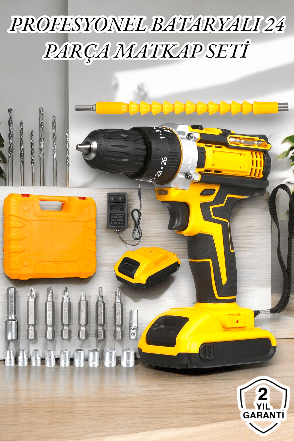 24 Parça Çift Bataryalı Şarjlı Matkap Seti 24W Motor ve Otomatik Mil Kilitli Tasarım - Lisinya